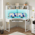 SEDETA Corner Desk, 39' W x 62' H Small Office Desk with Hutch & LED Lights, Triangle Gaming Computer Desk with Keyboard Tray, Storage Bag, and Headphone Hook for Small Space, White