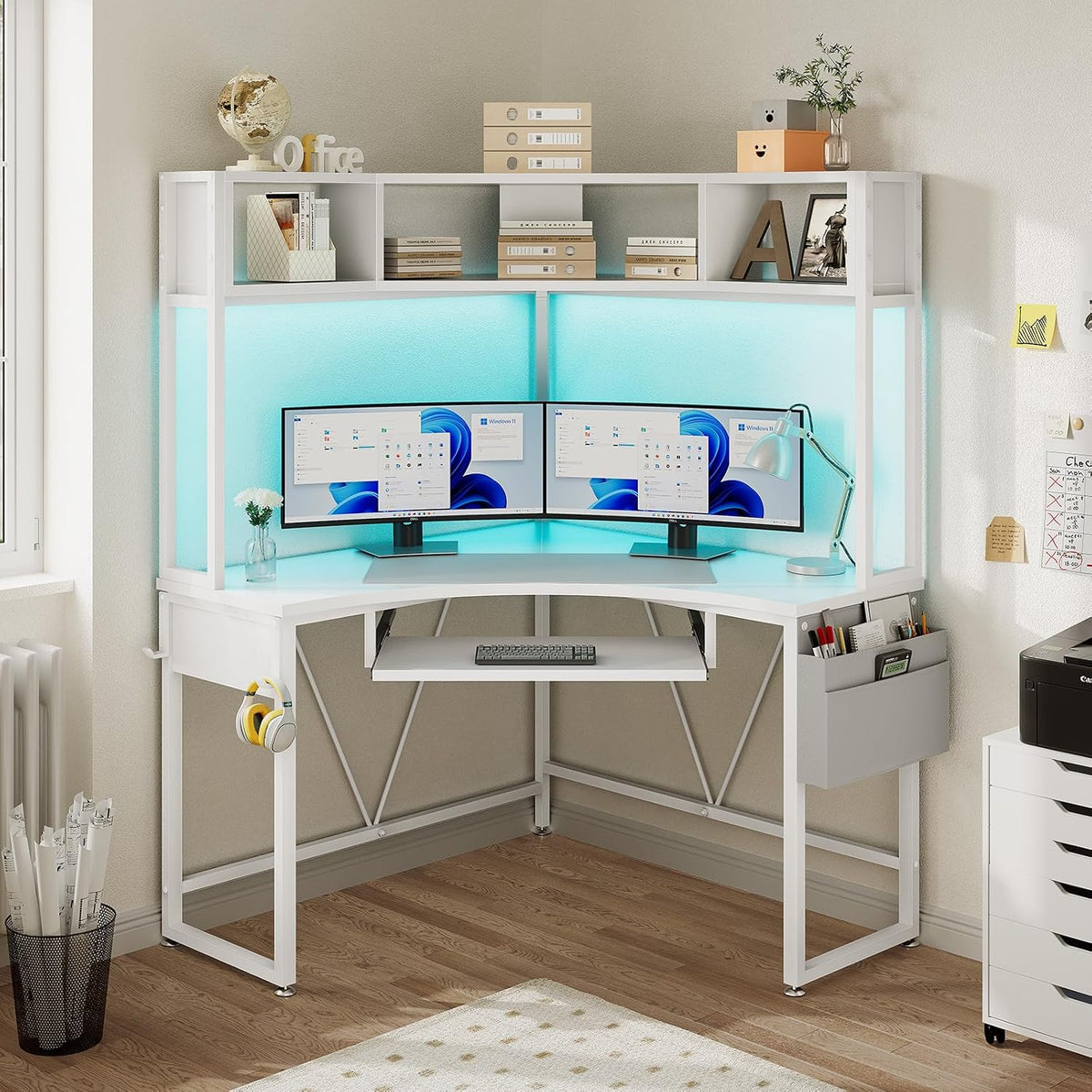 SEDETA Corner Desk, 39' W x 62' H Small Office Desk with Hutch & LED Lights, Triangle Gaming Computer Desk with Keyboard Tray, Storage Bag, and Headphone Hook for Small Space, White