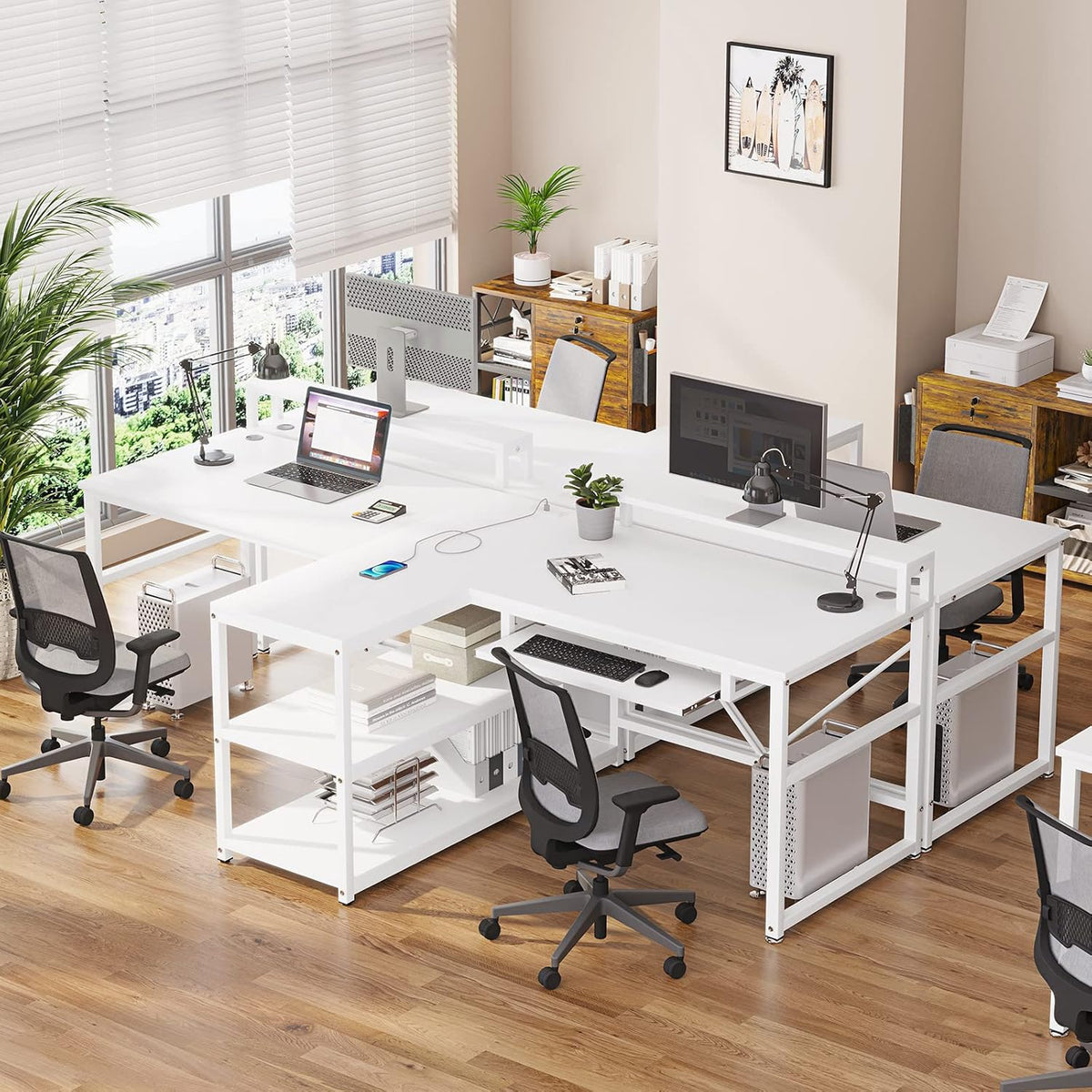 SEDETA 94.5' White Computer Desk, Two Person Gaming Desk with LED Light, Keyboard Tray, Power Strip with USB, Monitor Shelf & Storage, Extra Long Double Desk for Home Office, White