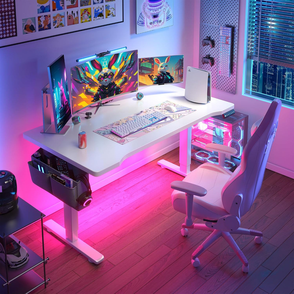 EnHomee Electric Standing Desk with LED Lights,Computer Desk 56 x 24 Inch Height Adjustable with 3 Memory Preset,Gaming Sit Stand Desk with Storage Side Pocket and Cable Management,White