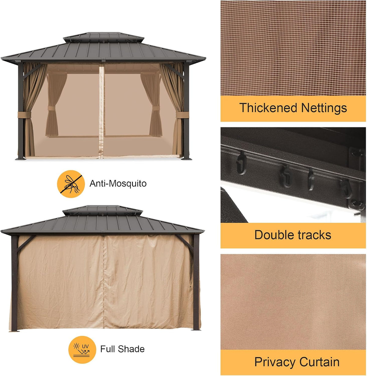 12x16 ft Hardtop Gazebo Outdoor Aluminum Patio Gazebo Double Roof Galvanized Steel Canopy with Netting and Curtains for Garden, Backyard, Deck and Lawns.