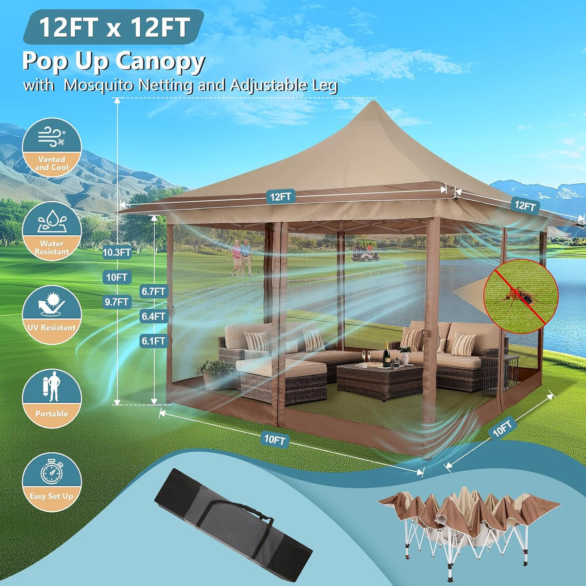 COBIZI 12x12 Pop Up Gazebo On Clearance Canopy Tent Easy Up Outdoor Gazebo Waterproof Upgrade with Mosquito Nettings and Carry Bag for Patio Garden Lawn（Khaki）