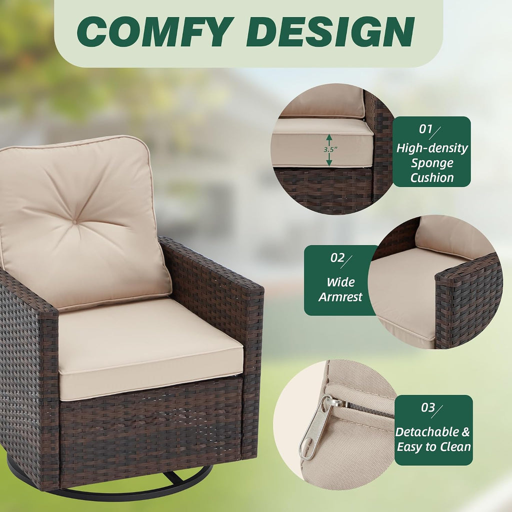 AVAWING 5 PCS Patio Swivel Rocking Chairs Set with Ottoman, Outdoor Wicker Furniture with Rattan Side Table, 360° Swivel Chairs for Garden, Porch, Backyard, Beige/Brown Wicker