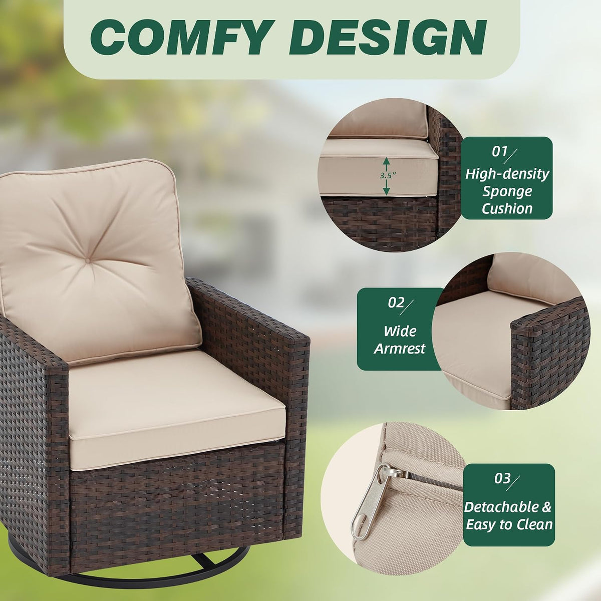AVAWING 5 PCS Patio Swivel Rocking Chairs Set with Ottoman, Outdoor Wicker Furniture with Rattan Side Table, 360° Swivel Chairs for Garden, Porch, Backyard, Beige/Brown Wicker