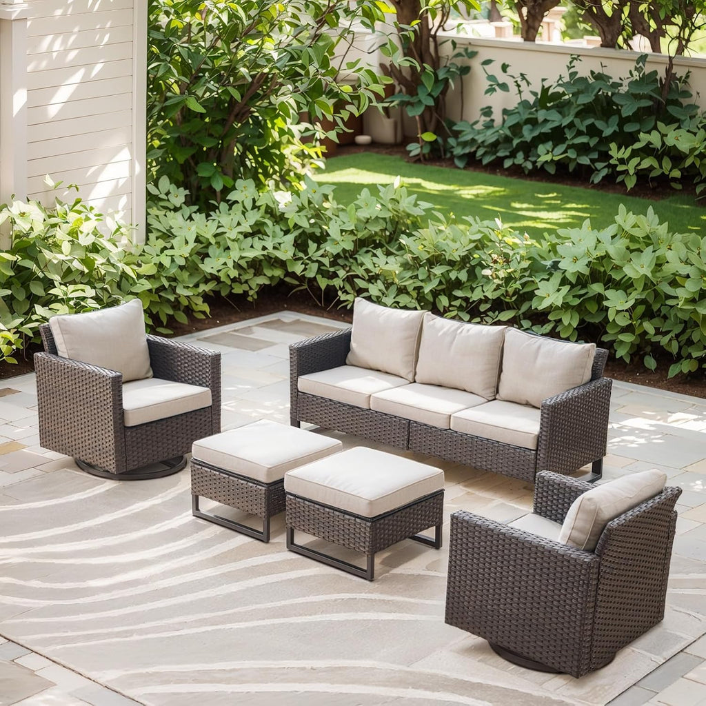 Rilyson Luxury Wicker Outdoor Couch Patio Sofa - 3 Seater Rattan Outdoor Patio Couch Water Resistant,Comfortable Cushions and Sturdy Metal Frame for Outside Porch Deck Backyard Garden(Brown/Blue)
