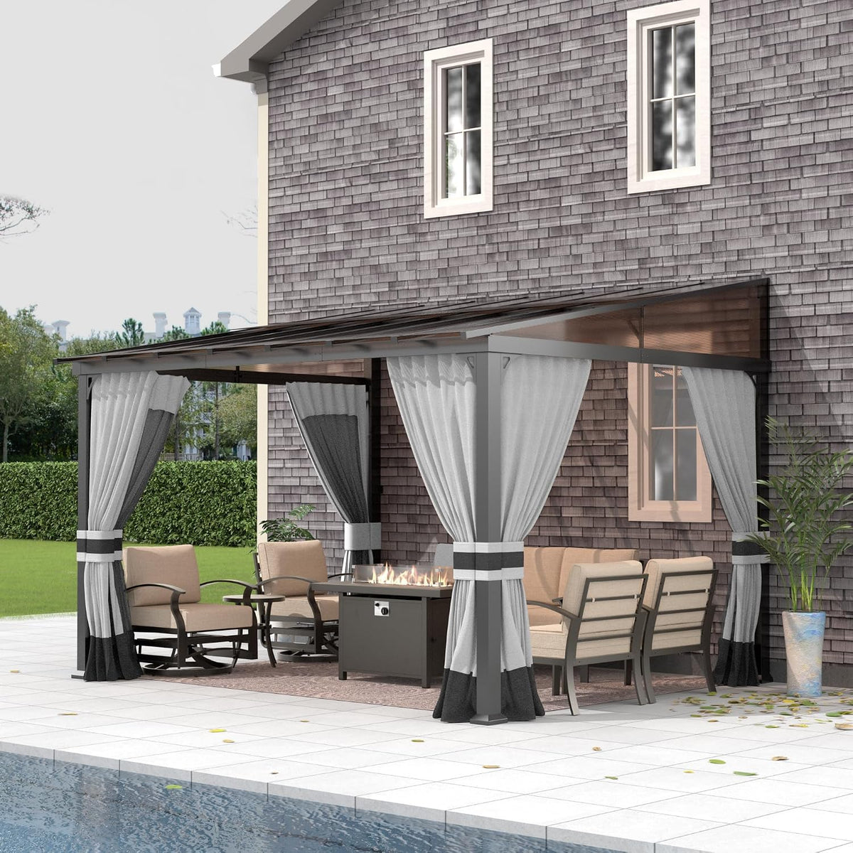 Gotland 10 FT x 12 FT Lean to Gazebo, 3 in 1 Outdoor Gazebo with Sloped Roof, Wall Mounted Gazebo with Ground Anchor Sturdy Structure, Galvanized Steel Metal Pergola for Backyard Deck Grey