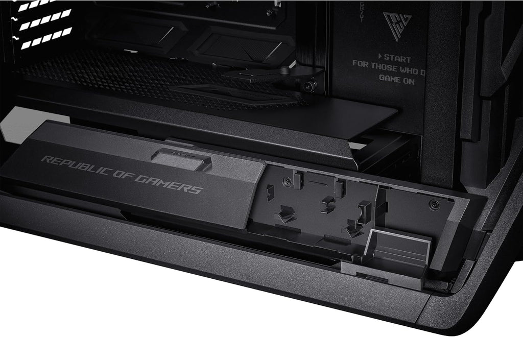 ASUS ROG Hyperion GR701 BTF Edition PC case, ASUS ATX BTF motherboards Support, 420 mm Dual Radiator Support, Four 140 mm Fans, Metal GPU Holder, Component Storage, ARGB Fan hub, 60W Fast Charging
