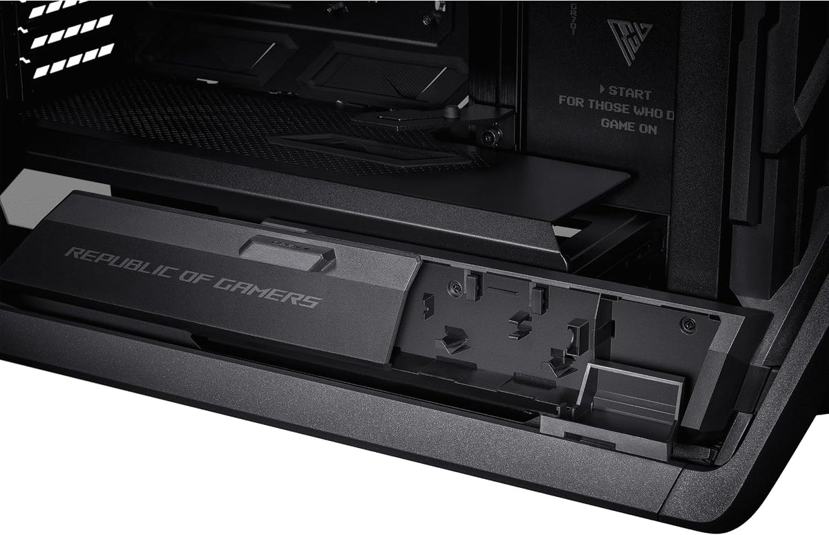 ASUS ROG Hyperion GR701 BTF Edition PC case, ASUS ATX BTF motherboards Support, 420 mm Dual Radiator Support, Four 140 mm Fans, Metal GPU Holder, Component Storage, ARGB Fan hub, 60W Fast Charging