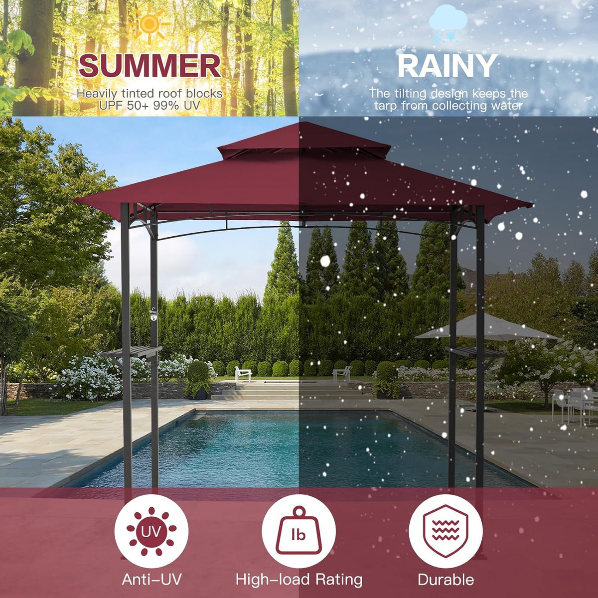 AECOJOY 8' x 5' Grill Gazebo, Grill Canopy for Outdoor Grill, 2- Tier BBQ Gazebo Shelter for Patio, Backyard and More (Wine Red)
