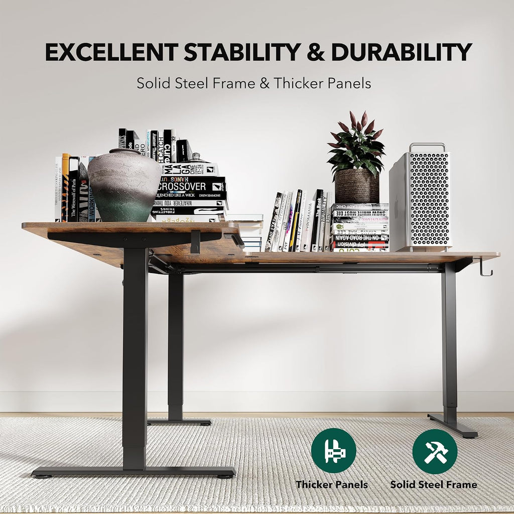 FEZIBO 63' L Shaped Standing Desk - Adjustable Corner Standing Desk L Shape, L-Shaped Adjustable Table with Splice Board, Vintage-Brown