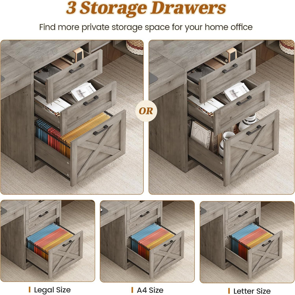 SEDETA Farmhouse 96.5' Computer Desk with Drawers, 2 Person Home Office Desk, Gaming Double Desk with Storage Shelves, Long Two Person Writing Desk (Grey)