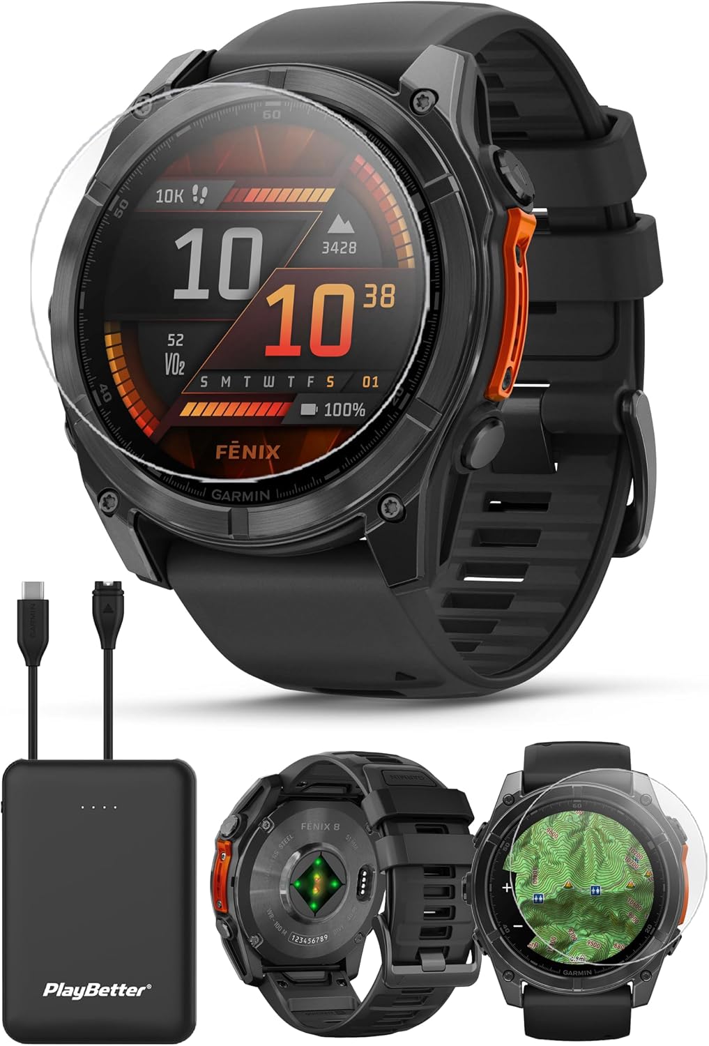 PlayBetter Garmin Fenix 8 AMOLED (51mm, Slate Gray/Black) Multisport GPS Smartwatch Bundle - 1.4' Touchscreen, Built-in LED Flashlight Portable Charger & Screen Protectors