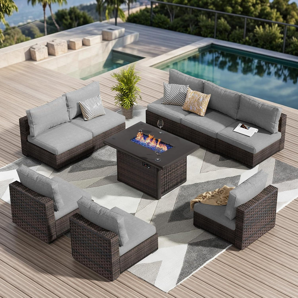 9 Pieces Outdoor Sectional Patio Furniture Set with Fire Pit Table PE Rattan Wicker Patio Sectional Armless Conversation Set with Cushions Grey