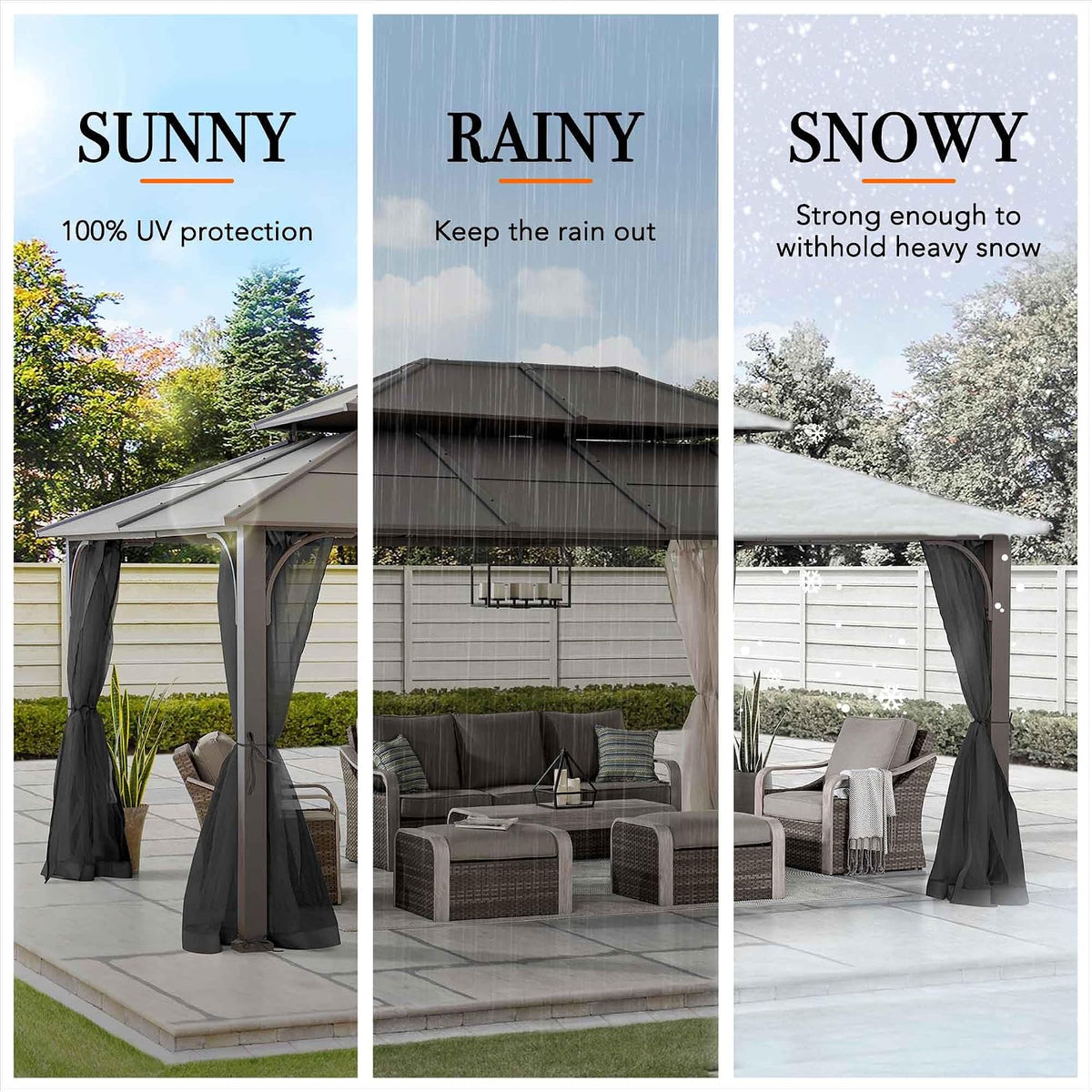 Sunjoy Hardtop Gazebo 12 x 16 ft. Outdoor Gazebo, Heavy Duty Steel Frame Gazebo, Double Tiered Metal Gazebo with Ceiling Hook and Removable Netting Sidewalls, Brown