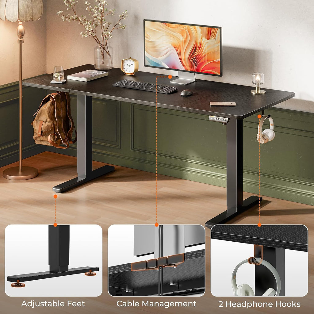 Huuger 63 x 28 Large Electric Standing Desk, Height Adjustable Computer Desk, 27.6' Deep Desktop, Stand up Gaming Office Table with 2 Hooks, 3 Preset Heights, for Home Office, Black