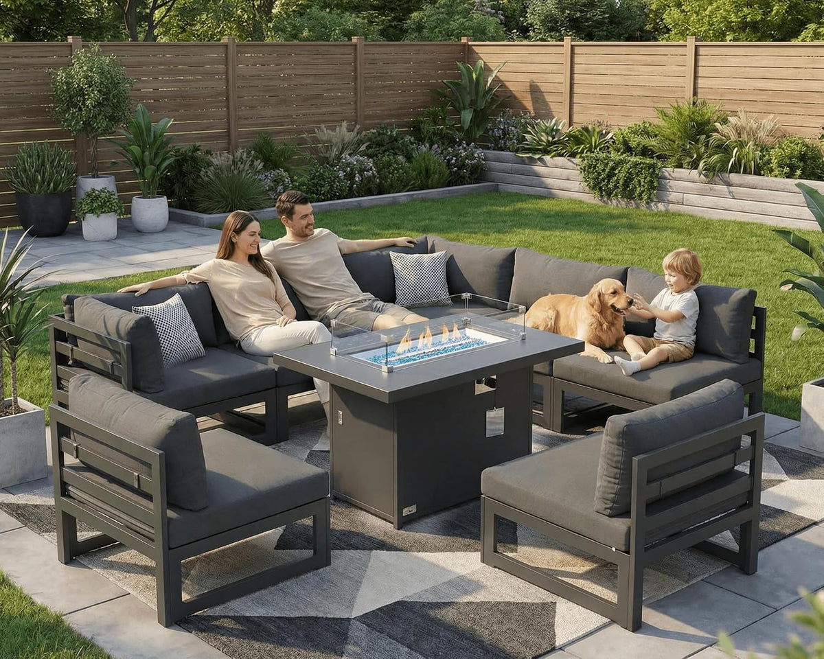RADIATA 9 Piece Modern Aluminum Patio Furniture Set with Fire Pit Table, 500 lbs Heavy Duty Outdoor Sectional Sofa, 29' Deep Wide Oversize Seating Conversation Couch for Garden Exterior, Dark Gray