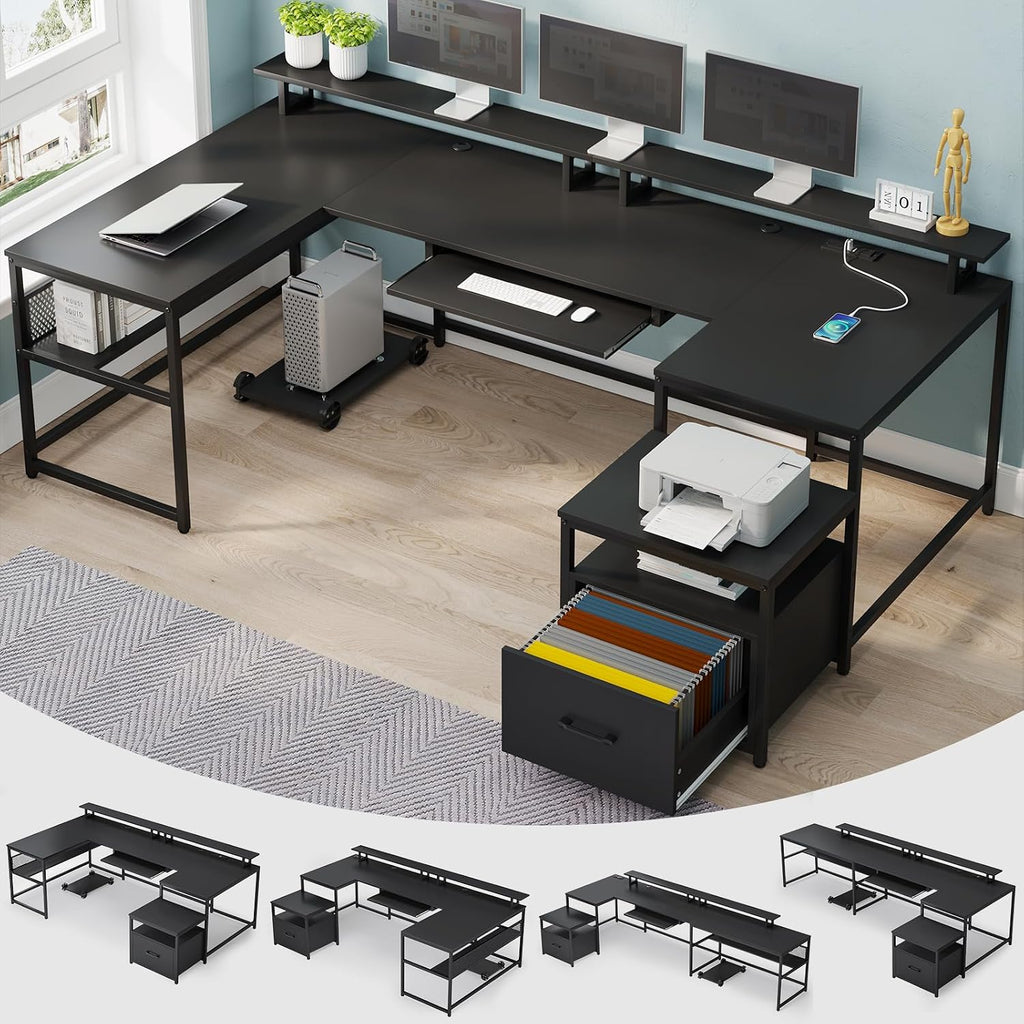 SEDETA U Shaped Desk,101.5''Reversible L Shaped Home Office Desk with Drawer & Power Outlet,Computer Two Person Desk with Monitor Shelf, Keyboard Tray, Black