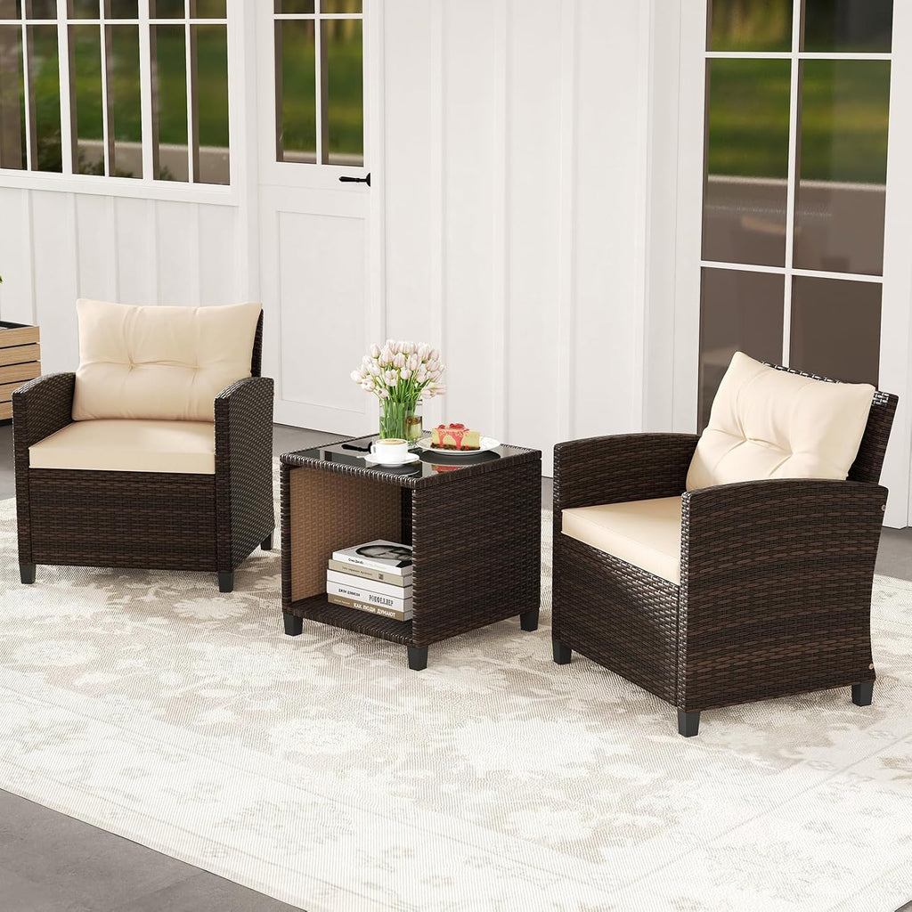HAPPYGRILL 3 Pieces Patio Conversation Set, Outdoor Rattan Wicker Chairs & Coffee Table Set w/Cushions & Tempered Glass Tabletop, Porch Sofa Set for Backyard, Poolside
