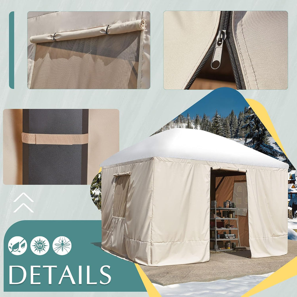 EROMMY Gazebo Cover for 10'x12' Gazebos,Outoor Winter Gazebo Cover with Sidewalls and Mesh Windows,Convert Gazebo into a Storage Space,Beige(Gazebo not Included)