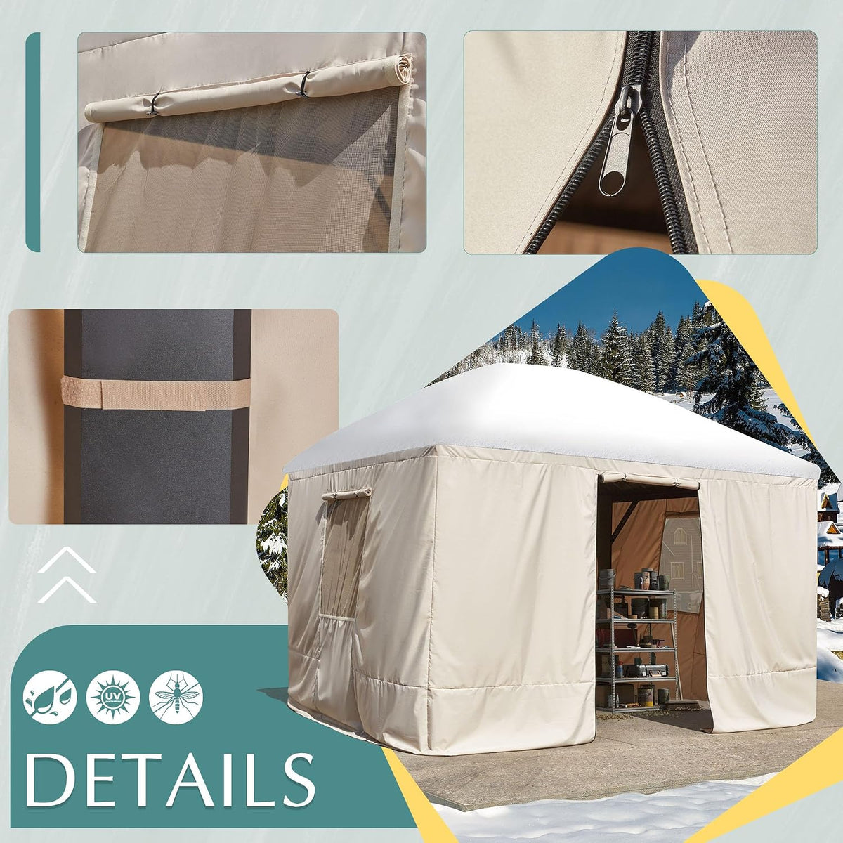 EROMMY Gazebo Cover for 10'x12' Gazebos,Outoor Winter Gazebo Cover with Sidewalls and Mesh Windows,Convert Gazebo into a Storage Space,Beige(Gazebo not Included)