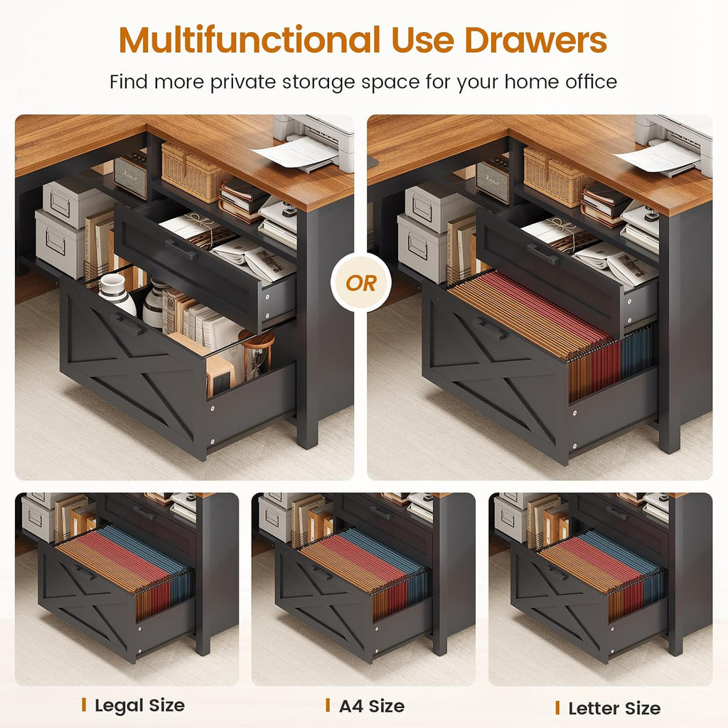 SEDETA L Shaped Gaming Desk with Drawers, 55' Farmhouse Computer Desk with File Drawer and Storage Shelves, Corner Gaming Desk with LED Lights and Monitor Shelf, Black and Brown
