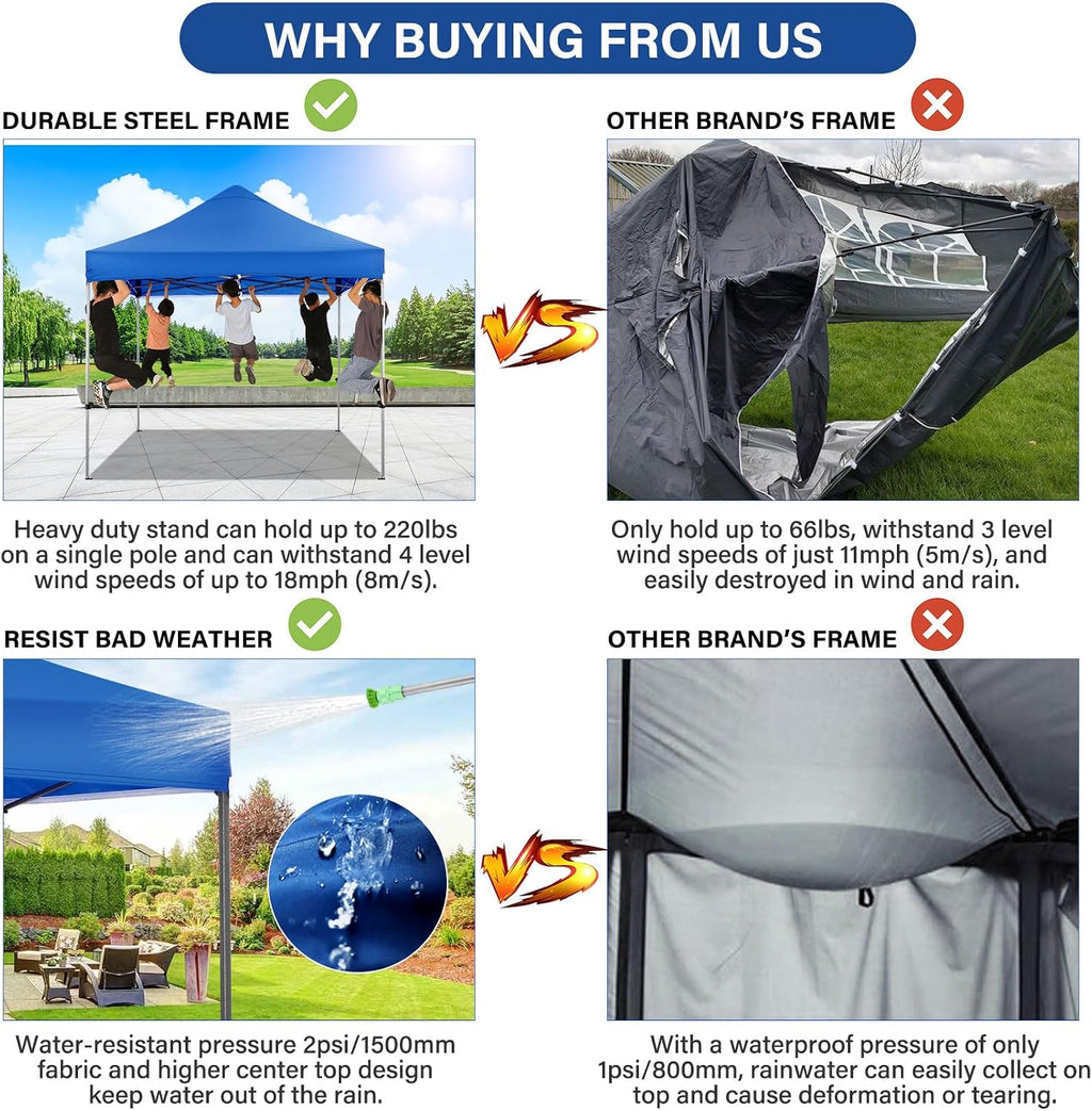 COBIZI 10x10 Heavy Duty Pop Up Canopy Tent with 4 Sidewalls Thicken Frame, Commercial Easy Up Outdoor Wedding Party Tents, All Season Waterproof Windproof with Stakes Sandbags Ropes Roller Bag, Blue