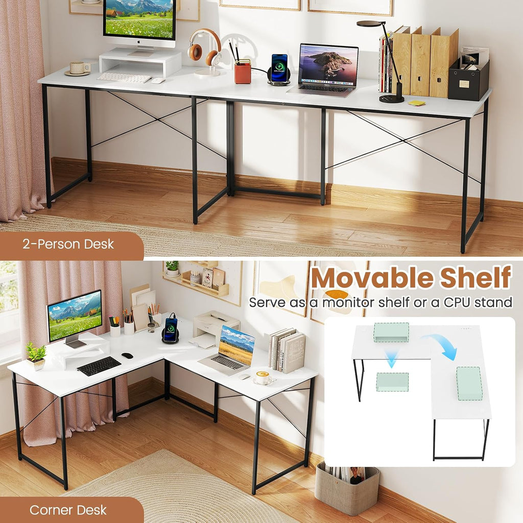 Tangkula L-Shaped Computer Desk with Power Outlets, 95' Long 2-Person Desk with Monitor Shelf, Modern Corner Desk Gaming Table with USB Ports for Home Office