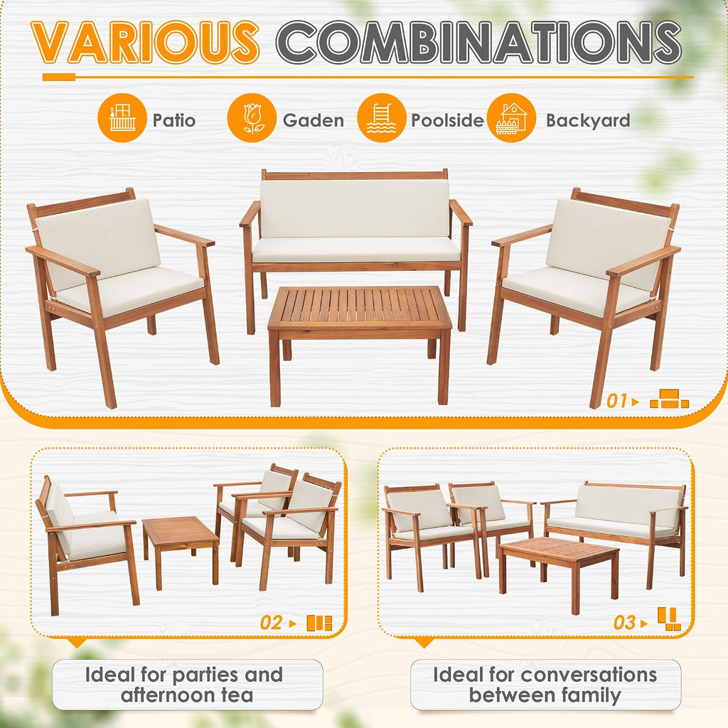 Greesum 4 Piece Bistro Patio Furniture Outdoor Chat Chair Set with Water Resistant Cushions and Coffee Table for Beach Backyard Garden, Acacia Wood