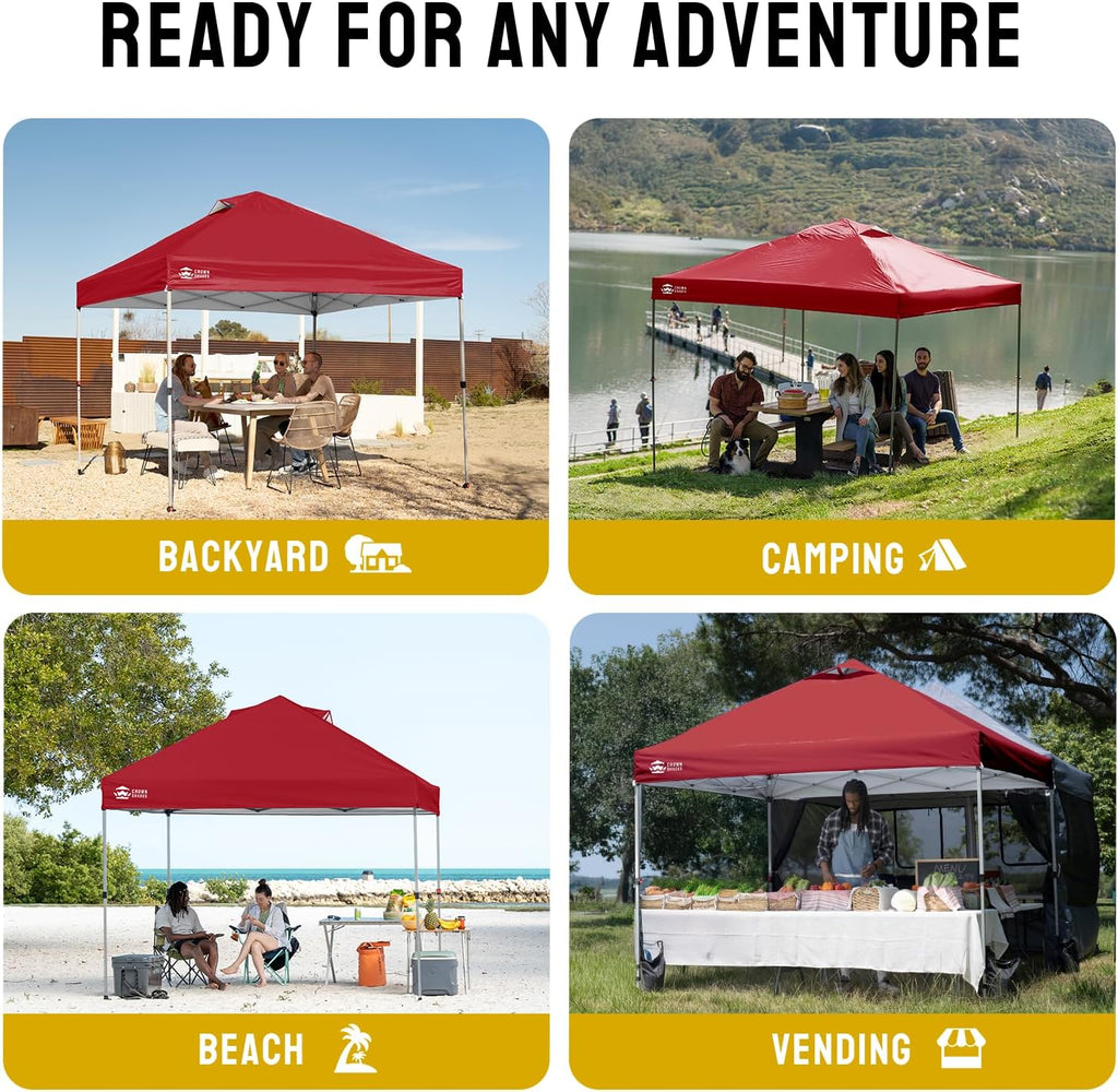 CROWN SHADES 10x10 Pop Up Canopy - Beach Tent with One Push Setup - Easy Outdoor Sun Shade for Events, Parties, Camping - Gazebo with STO-N-Go Cover Bag, Silver Coated Top, Red