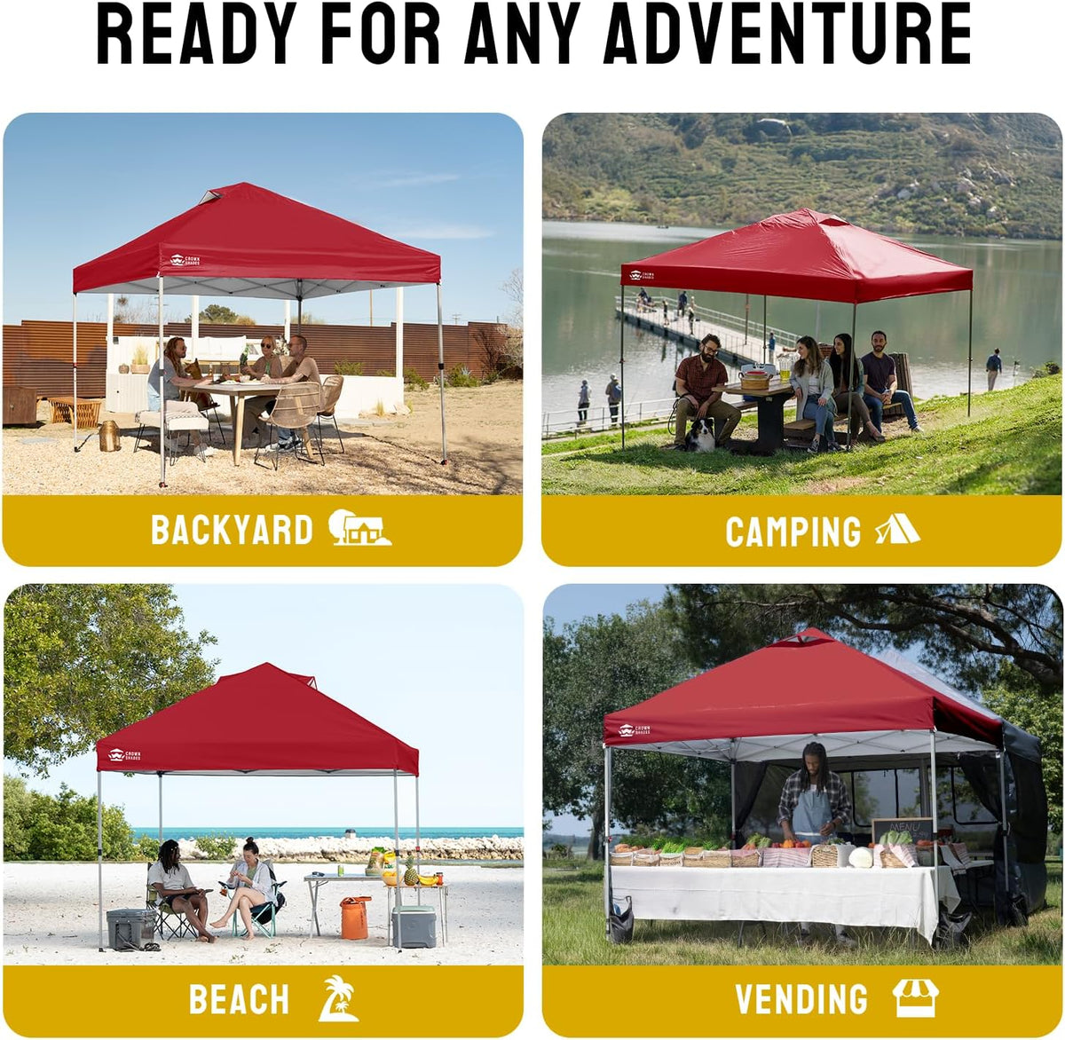 CROWN SHADES 10x10 Pop Up Canopy - Beach Tent with One Push Setup - Easy Outdoor Sun Shade for Events, Parties, Camping - Gazebo with STO-N-Go Cover Bag, Silver Coated Top, Red