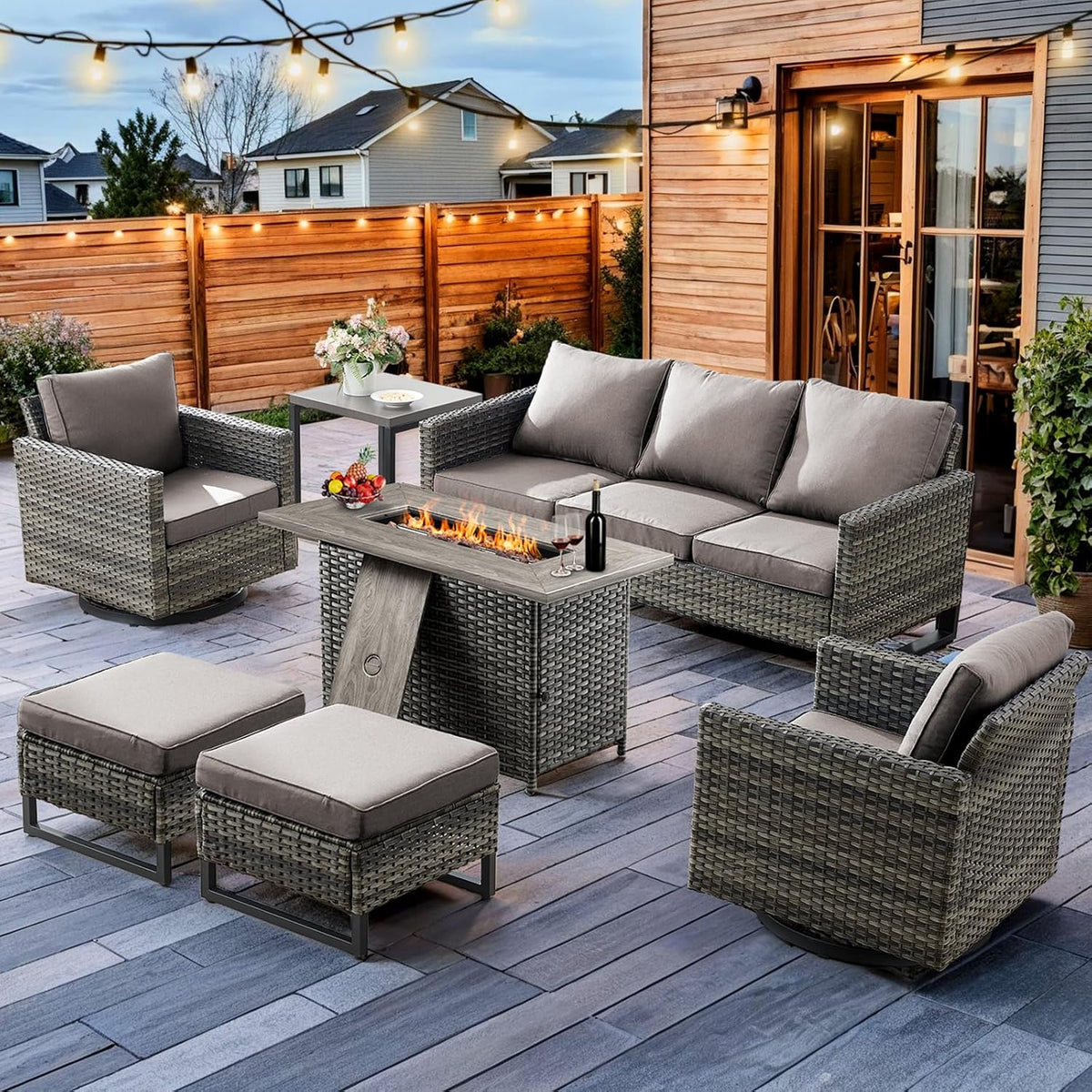 HUMMUH 7 Piece Patio Furniture Set with Fire Pit 41in 55,000 BTU,Wicker Outdoor Conversation Sets - Patio Swivel Chairs Sofa Ottomans,Side Table for Porch,Garden,Backyard