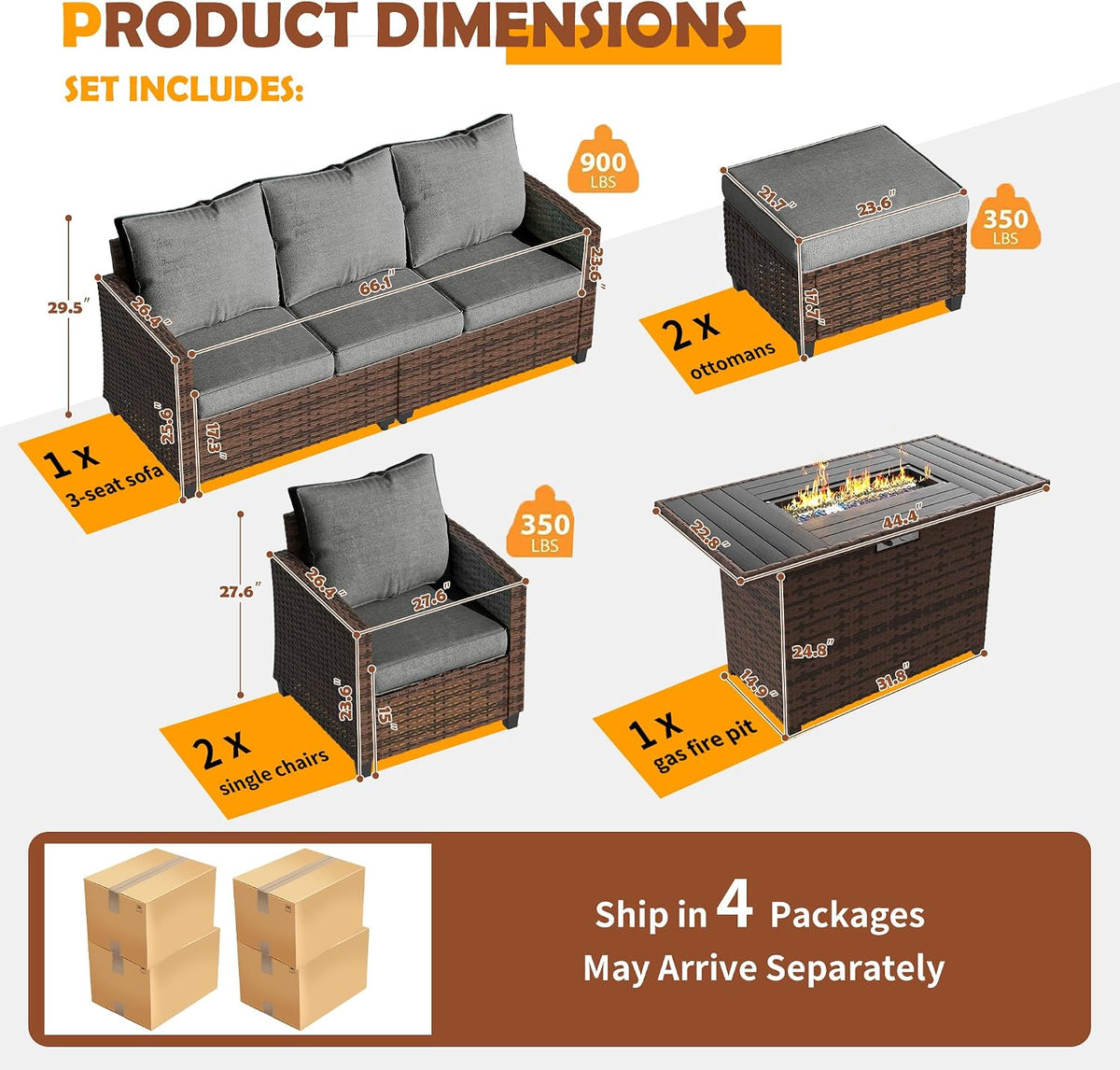 UDPATIO Outdoor Patio Furniture Set with 44' Fire Pit Table, 6 Pieces Sectional Conversation Sets, All-Weather Wicker Rattan Sofa Ottoman with 4' Thick Cushion for Garden Backyard Deck, Dark Grey