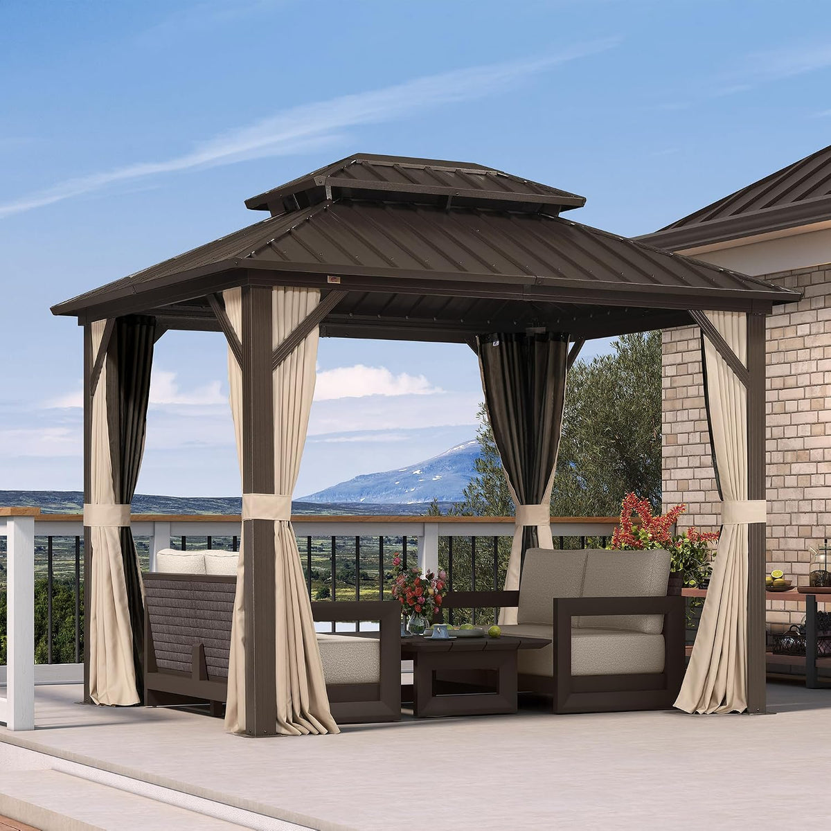 PURPLE LEAF 8' X 10' Outdoor Hardtop Gazebo Metal Frame Galvanized Steel Double Roof with Curtains and Nettings for Patio Desk Backyard Bronze