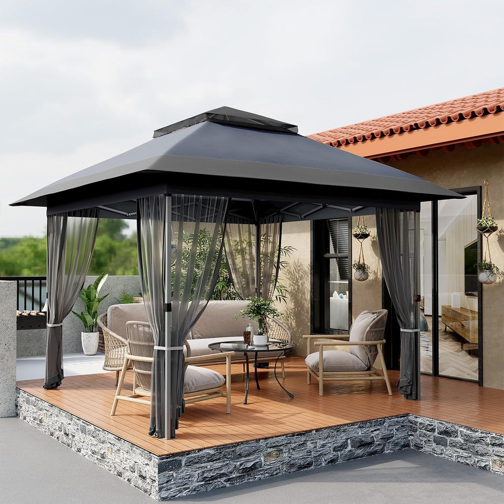 GarveeLife 12 ft x12 ft Softtop Gazebo, Outdoor Pop Up Gazebo with Mosquito Netting, Party Tent & Shelter with Double Roofs for Gardens, Patios, Lawns