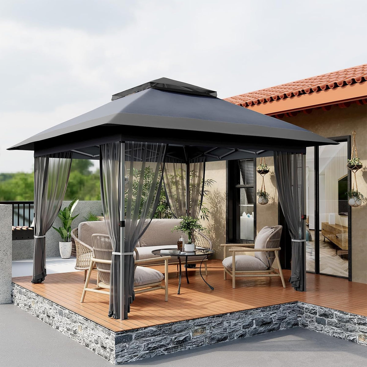 GarveeLife 12 ft x12 ft Softtop Gazebo, Outdoor Pop Up Gazebo with Mosquito Netting, Party Tent & Shelter with Double Roofs for Gardens, Patios, Lawns