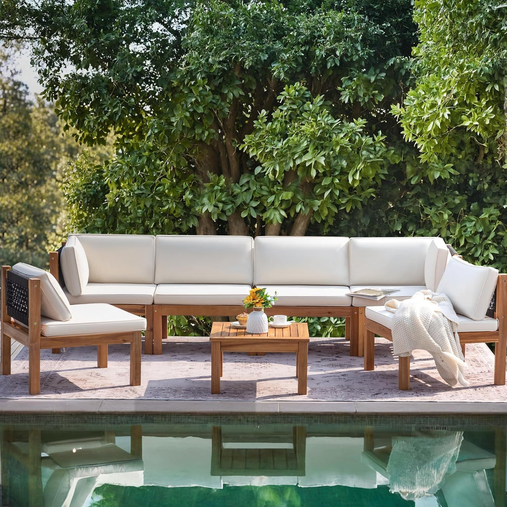 Greesum 7 Pieces Small Patio Sofa, Acacia Wood Frame, Padded Patio Conversation and Chairs Set for Garden, Backyard, Poolside, Beige