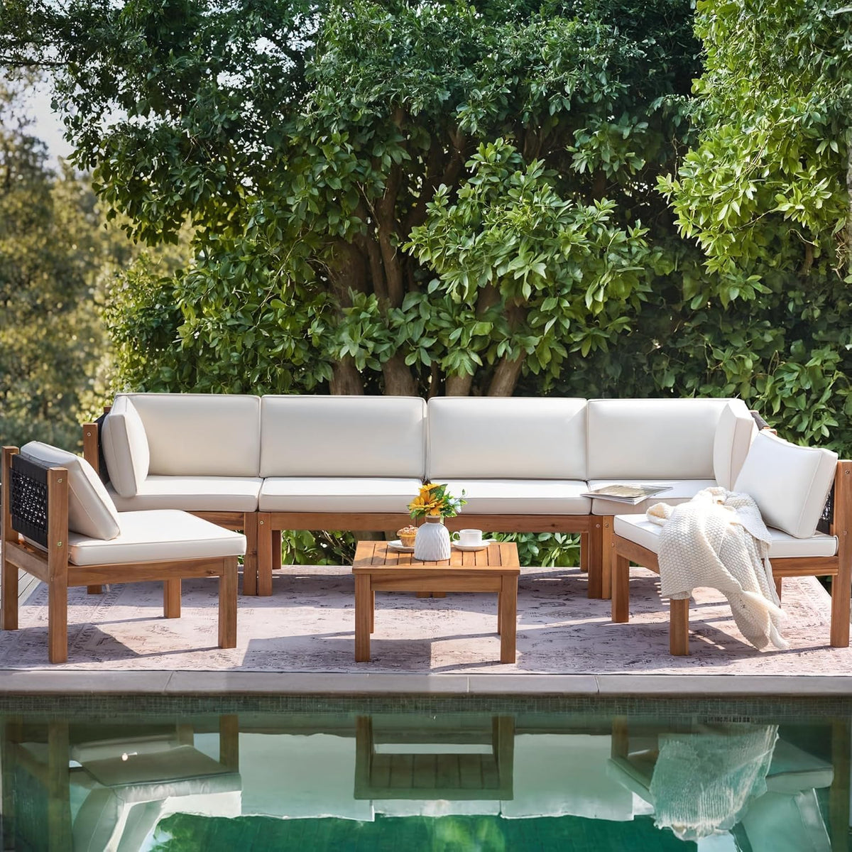 Greesum 7 Pieces Small Patio Sofa, Acacia Wood Frame, Padded Patio Conversation and Chairs Set for Garden, Backyard, Poolside, Beige