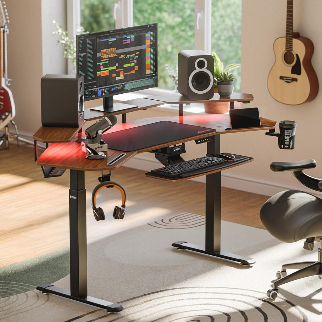EUREKA ERGONOMIC 72' Standing Desk, Adjustable Height Dual Motor Computer Desk with Keyboard Tray & LED Monitor Stand, Gaming Music Studio Workstation, Slot Design, Deep Walnut