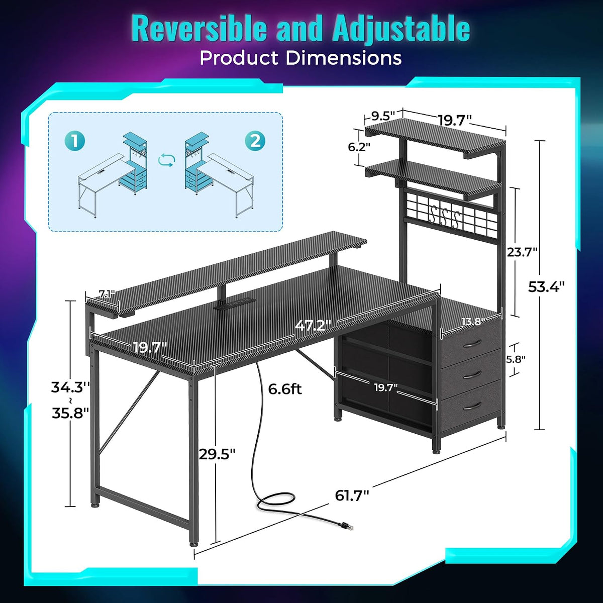 PRAISUN 61.7' Gaming Desk with LED Lights & Outlets, Computer Desk with 3 Fabric Drawers, PC Desk with PC Case Stand & Movable Storage Shelves, Monitor Stand, Reversible, Carbon Fiber Black