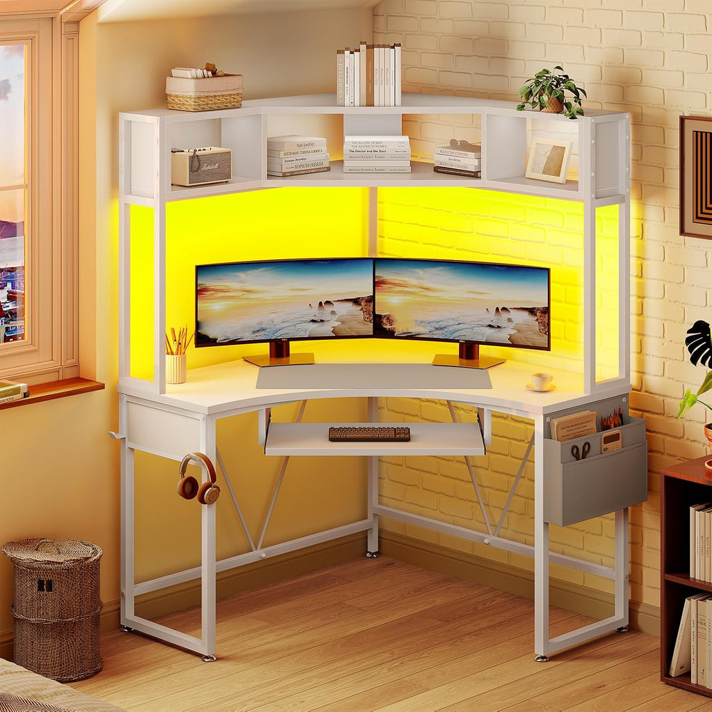 SEDETA Corner Desk, 39' W x 62' H Small Office Desk with Hutch & LED Lights, Triangle Gaming Computer Desk with Keyboard Tray, Storage Bag, and Headphone Hook for Small Space, White