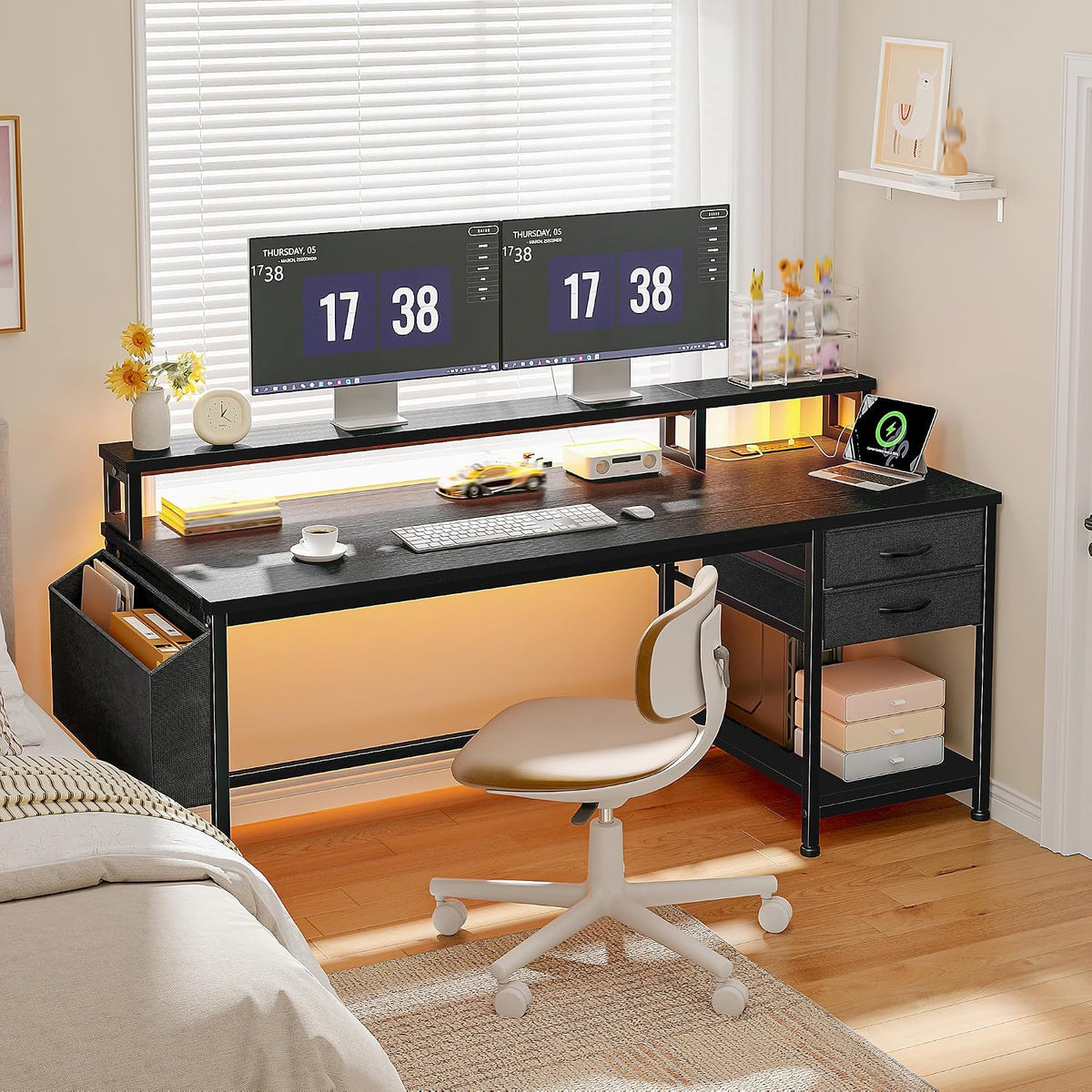 DurayLoly 55' Computer Desk with Drawers & Storage Bag, Gaming Desk with Power Outlets and LED Lights, Office Desk with Monitor Stand for Bedroom Gaming Room, Study Work Home Office, Black
