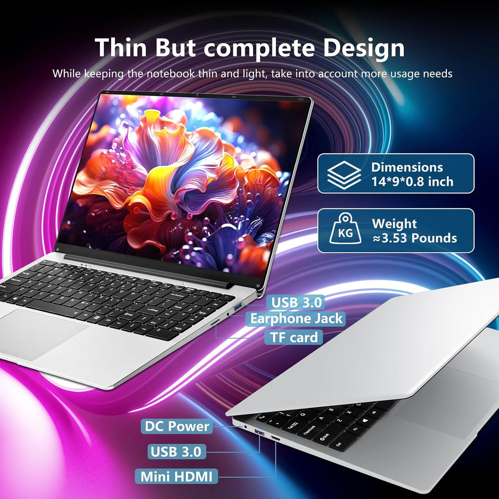Laptop, 15.6 inch Laptops Celeron N4000 Processor with 8GB RAM 256GB SSD, FHD 1920*1080P, 180°Opening, Slim Light Netbook WiFi5 Mini-HDMI BT5.0, Thin & Light Lap Top for Student Business Work