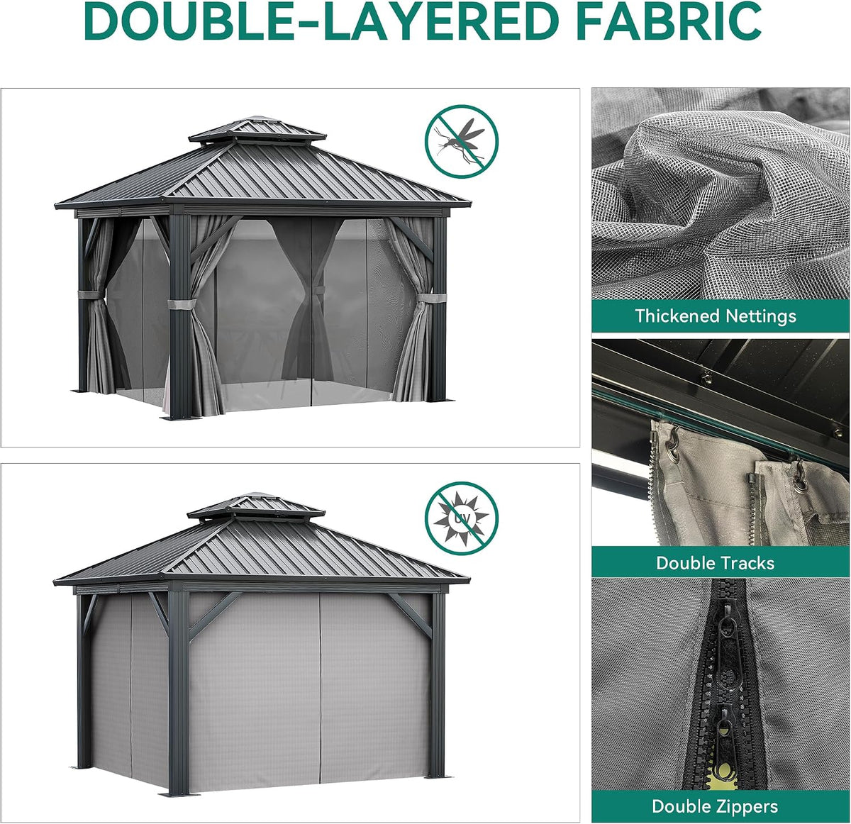 YITAHOME 10X10FT Hard Top Metal Gazebo Patios Double Roof Canopy Aluminum Frame Garden Gazebo Tent Curtains Netting for Patios Backyards Decks Lawns Gray