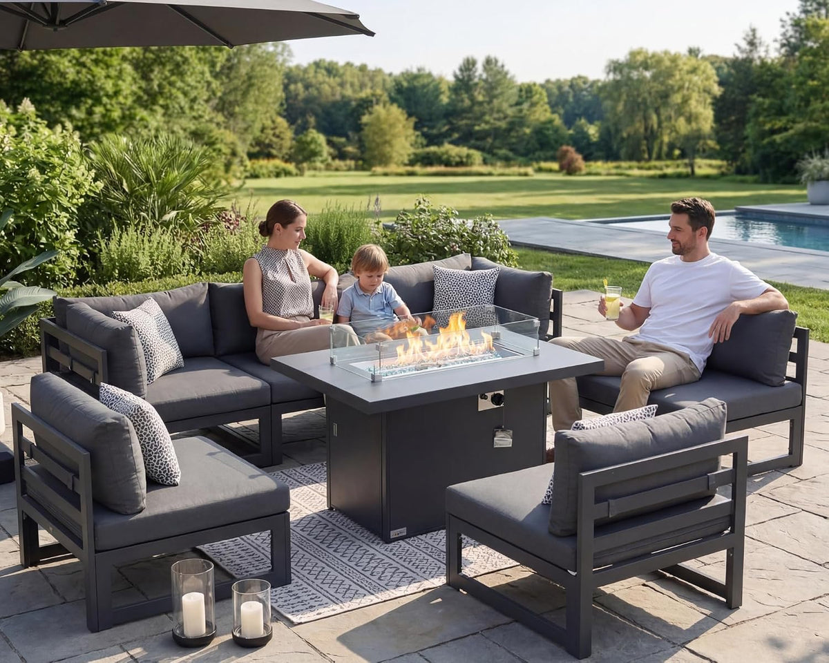 RADIATA 7 Piece L-Shaped Contemporary Aluminum Outdoor Furniture Set with Firepit, 29' Deep Wide Large Couch Set, 500 lbs High Weight Capacity Modular Patio Sectional Sofa for Garden Lawn, Dark Grey