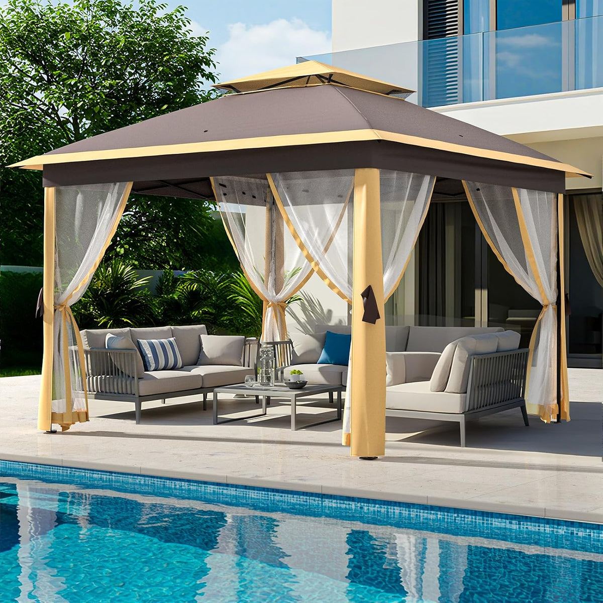 Garvee 11x11 ft Outdoor Gazebo, Heavy Duty Gazebo with Sturdy Metal Frame & Double Roofs, Patio Shelter with Mosquito Netting, Ideal for Backyard, Garden, Lawn, Deck, Khaki