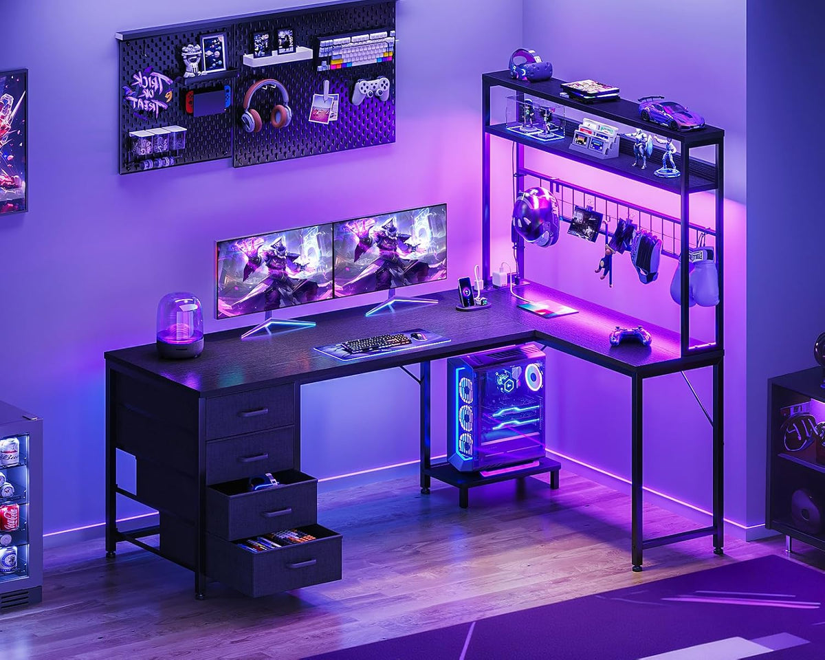 AODK L Shaped Gaming Desk with 4 Drawers, 59' Reversible Computer Desk with Hutch and Shelves, Gamer Desk with LED Lights, Power Outlets, Home Office Corner Desk with Gird Pegboard, Black