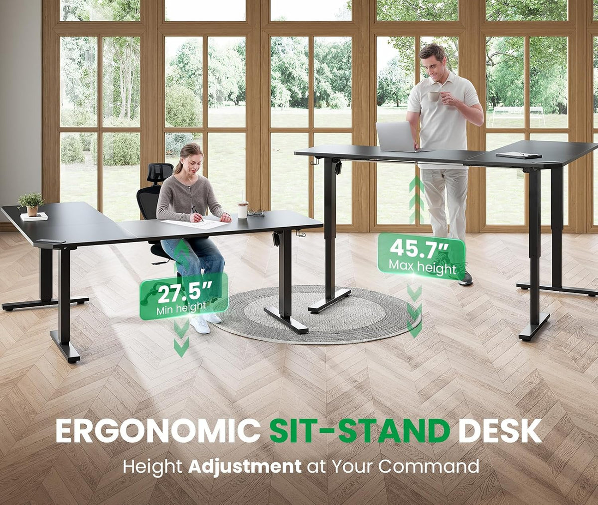 SIAGO L-Shaped Standing Desk - 63 x 55 Inch Adjustable Corner Standing Desk with Charging Station - L Shape Sit Stand Table with Memory Controller, Splice Board for Home Office