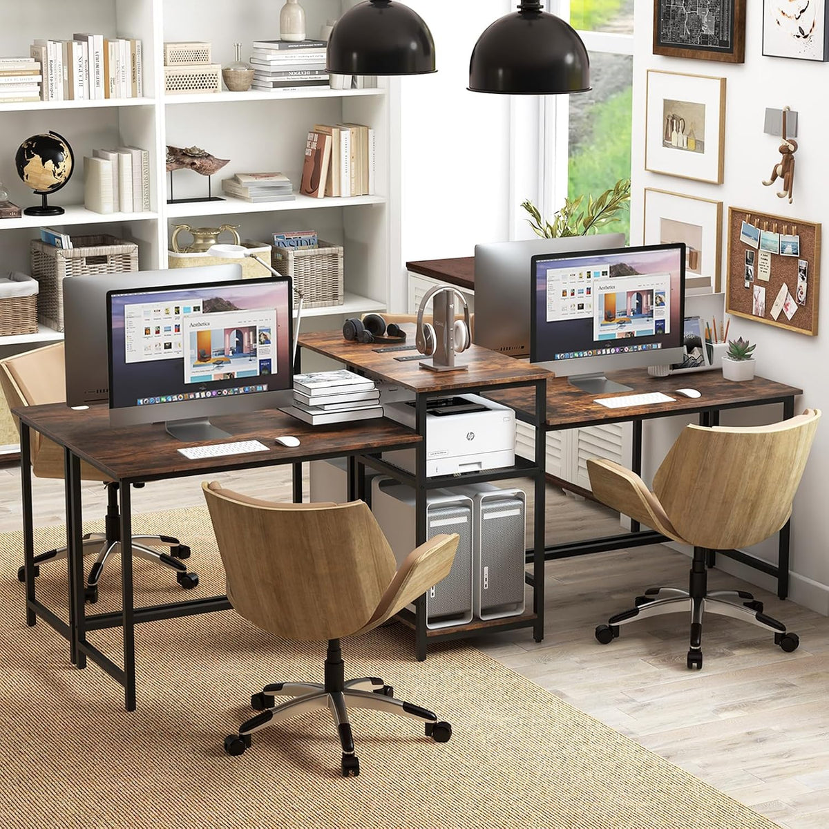Tangkula 97' Extra Long 2-Person Computer Desk with Power Outlet, Home Office Computer Workstation with Printer Stand, Metal Mesh Shelf & CPU Stand, Double Gaming Table (Rustic Brown)