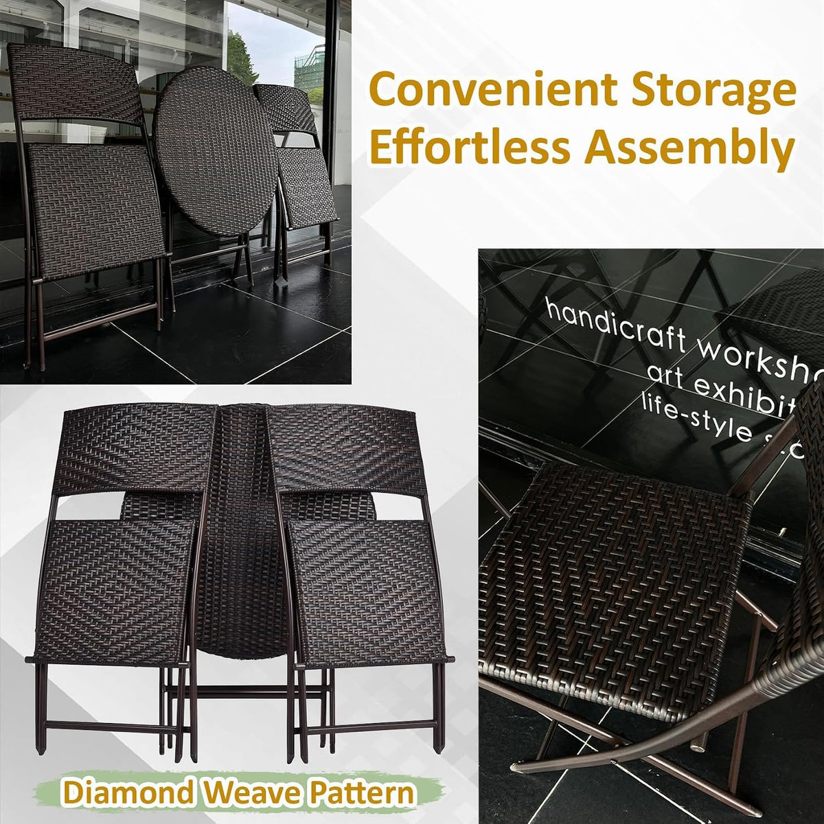 3 Pieces Folding Bistro Set PE Wicker Rattan Outdoor Patio Furniture Sets with Foldable Round Table and Chairs Perfect for Cafe Bar Garden Backyard Balcony Porch