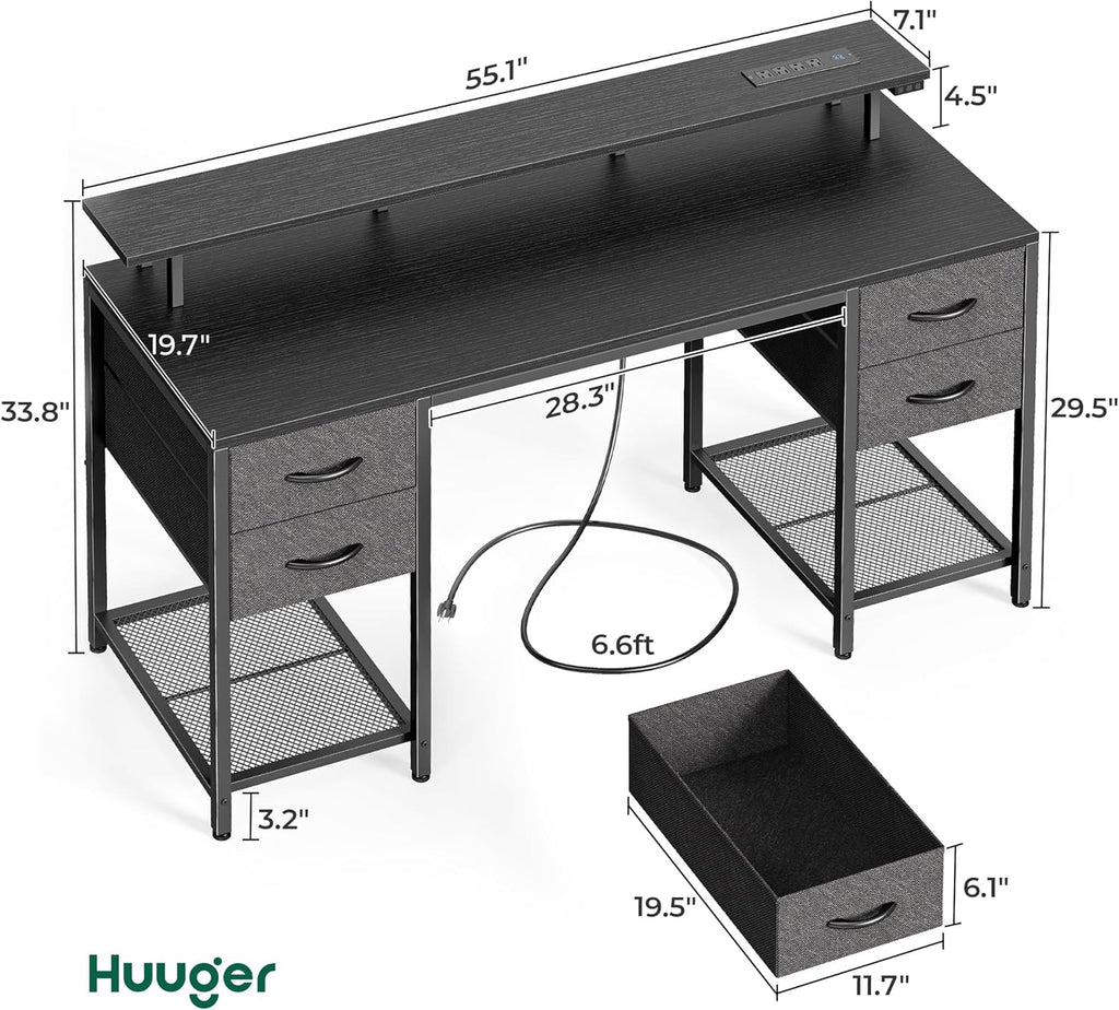 Huuger 55 inch Computer Desk with 4 Drawers, Gaming Desk with LED Lights & Power Outlets, Home Office Desk with Large Storage Space for Bedroom, Work from Home, Black